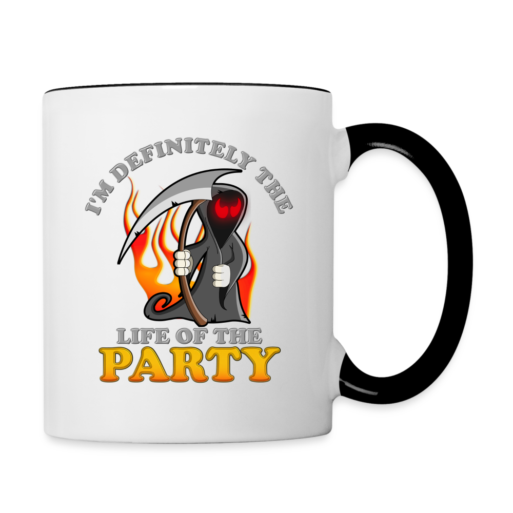 I'm Definitely The Life Of The Party, Grim Reaper, Death, Happy Halloween, Monster, Trick Or Treat, Spooky, Scary, Skull, Wolf, Werewolf, Orange, Bat, Red, Mountain, Contrast Coffee Mug - white/black