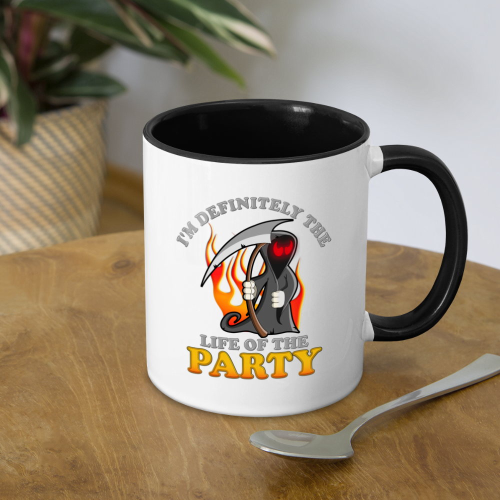 I'm Definitely The Life Of The Party, Grim Reaper, Death, Happy Halloween, Monster, Trick Or Treat, Spooky, Scary, Skull, Wolf, Werewolf, Orange, Bat, Red, Mountain, Contrast Coffee Mug - white/black