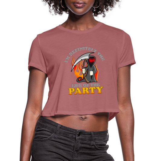 I'm Definitely The Life Of The Party, Grim Reaper, Death, Happy Halloween, Monster, Trick Or Treat, Spooky, Scary, Skull, Wolf, Werewolf, Orange, Bat, Red, Mountain, Women's Cropped T-Shirt - mauve