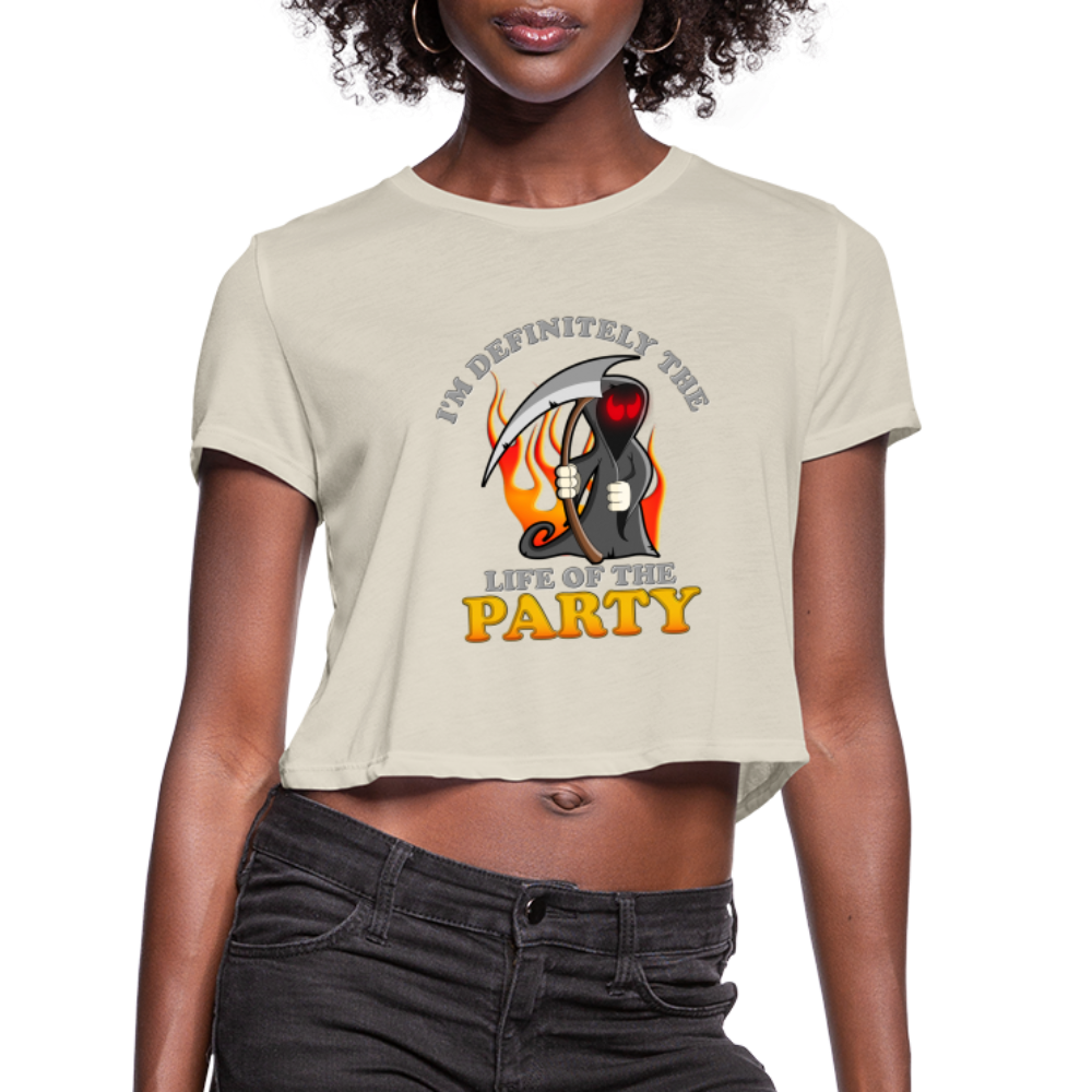I'm Definitely The Life Of The Party, Grim Reaper, Death, Happy Halloween, Monster, Trick Or Treat, Spooky, Scary, Skull, Wolf, Werewolf, Orange, Bat, Red, Mountain, Women's Cropped T-Shirt - dust