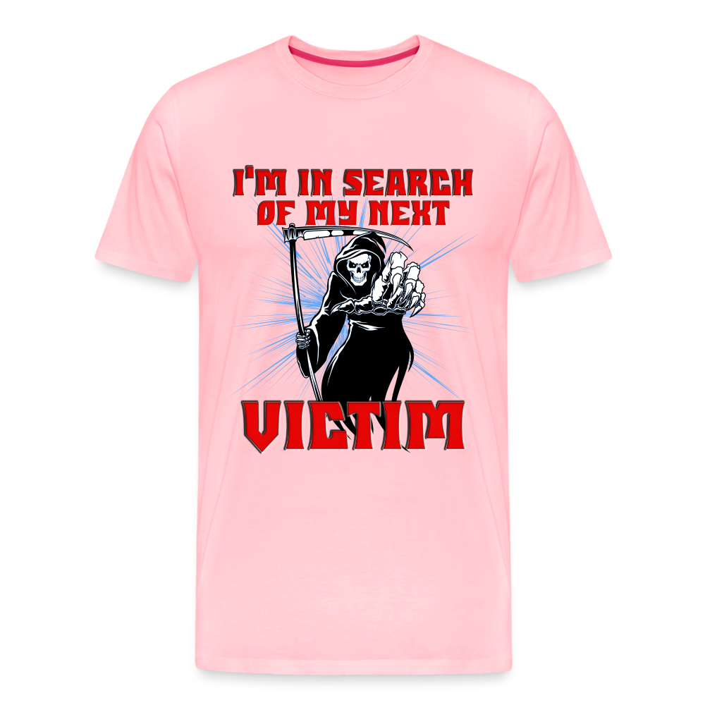I'm In Search Of My Next Victim, Grim Reaper, Death, Happy Halloween, Monster, Trick Or Treat, Spooky, Scary, Skull, wolf, werewolf, orange, bat, red, Men's Premium T-Shirt - pink