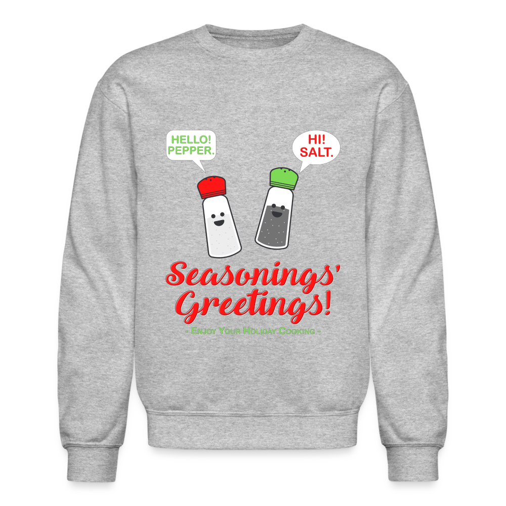 Seasonings Greetings Sweater, Salt Pepper Shaker Sweater, Funny Happy New Year Christmas Holiday Sweater, Foodie Chef Cook Food Gift Idea Crew neck Sweatshirt - heather gray