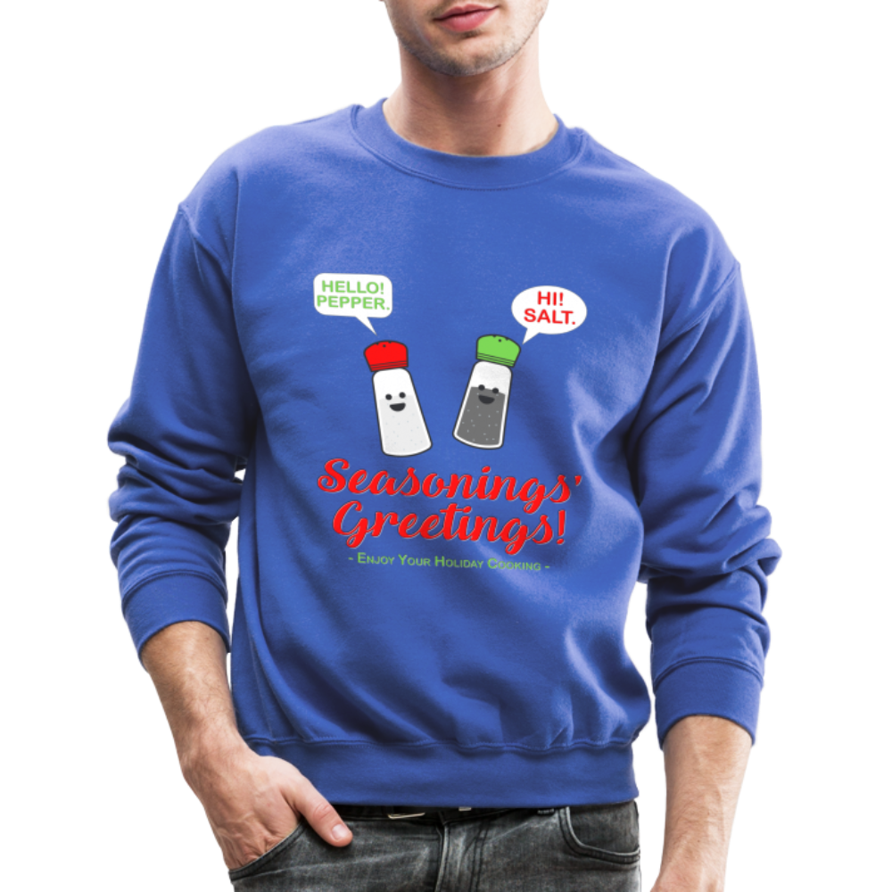 Seasonings Greetings Sweater, Salt Pepper Shaker Sweater, Funny Happy New Year Christmas Holiday Sweater, Foodie Chef Cook Food Gift Idea Crew neck Sweatshirt - royal blue