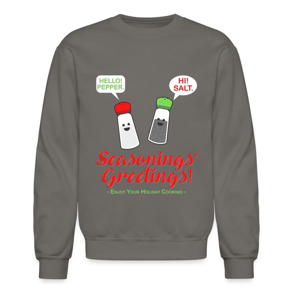 Seasonings Greetings Sweater, Salt Pepper Shaker Sweater, Funny Happy New Year Christmas Holiday Sweater, Foodie Chef Cook Food Gift Idea Crew neck Sweatshirt - asphalt gray