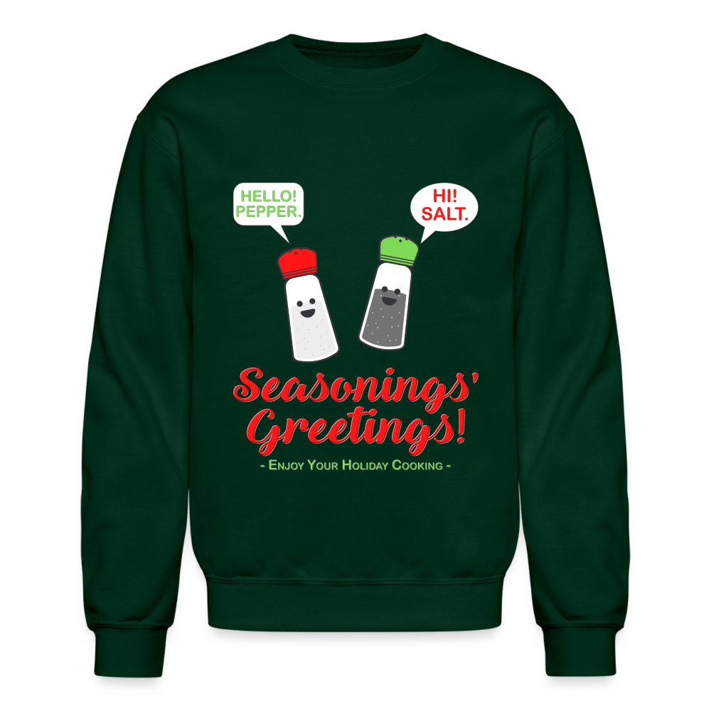 Seasonings Greetings Sweater, Salt Pepper Shaker Sweater, Funny Happy New Year Christmas Holiday Sweater, Foodie Chef Cook Food Gift Idea Crew neck Sweatshirt - forest green