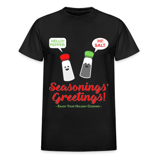 Seasonings Greetings Shirt, Salt Pepper Shaker Shirt, Funny Happy New Year Christmas Holiday Shirt, Foodie Chef Cook Food Gift Idea T-Shirt - black