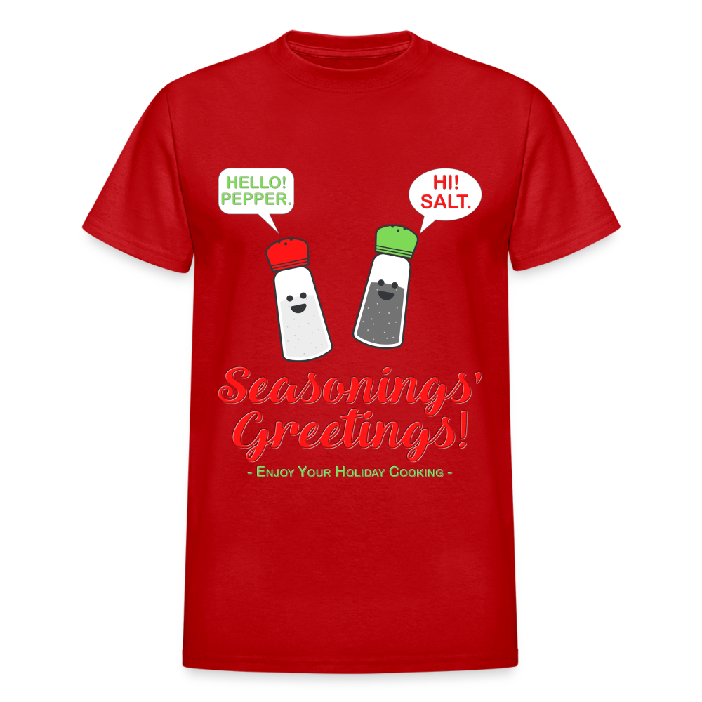 Seasonings Greetings Shirt, Salt Pepper Shaker Shirt, Funny Happy New Year Christmas Holiday Shirt, Foodie Chef Cook Food Gift Idea T-Shirt - red