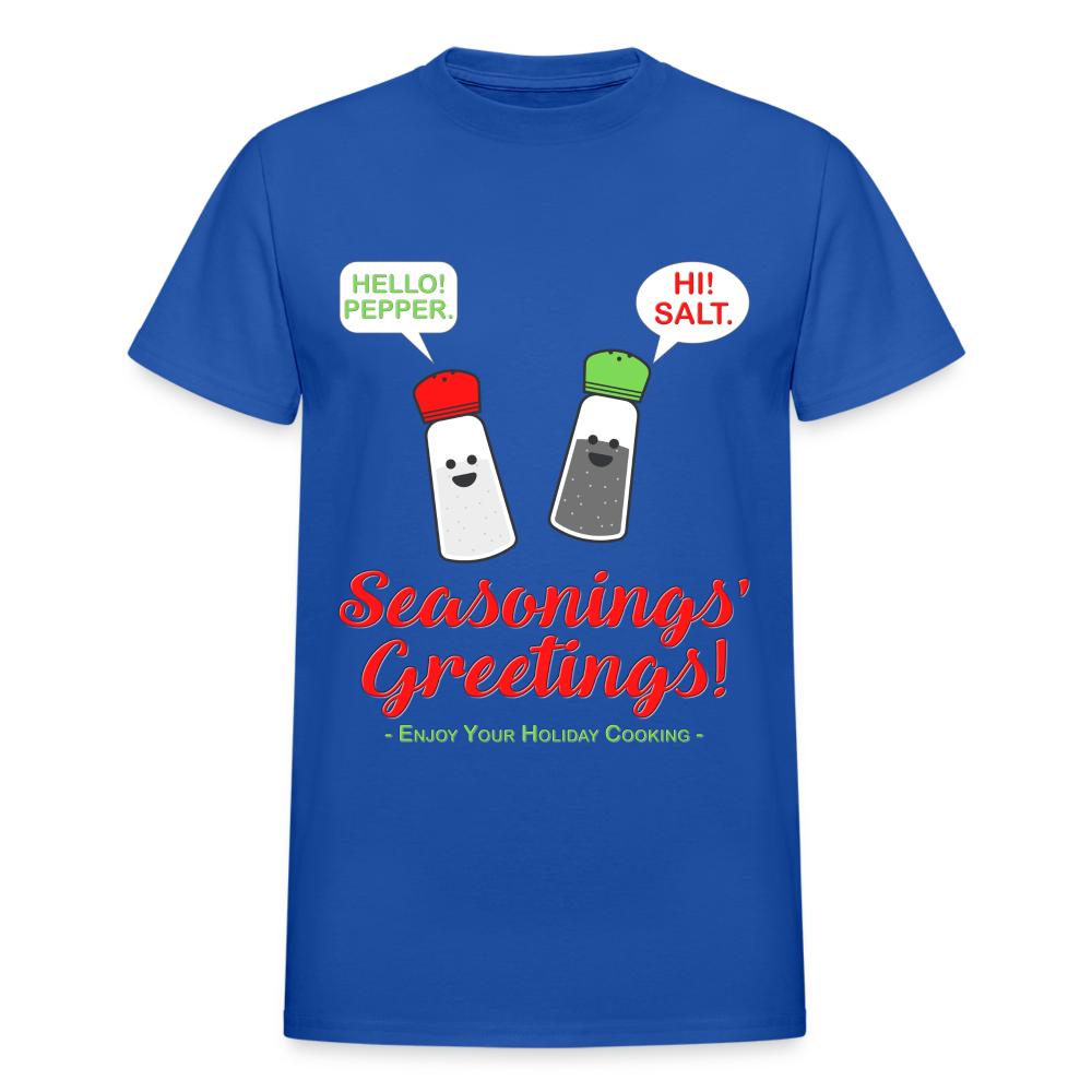 Seasonings Greetings Shirt, Salt Pepper Shaker Shirt, Funny Happy New Year Christmas Holiday Shirt, Foodie Chef Cook Food Gift Idea T-Shirt - royal blue
