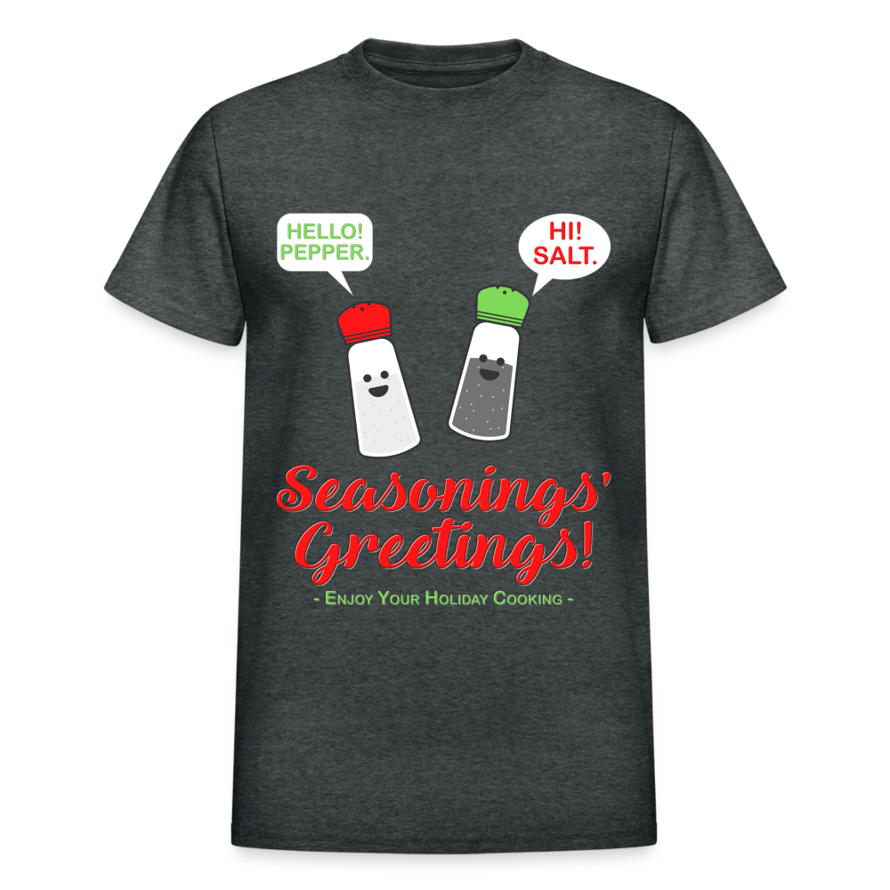 Seasonings Greetings Shirt, Salt Pepper Shaker Shirt, Funny Happy New Year Christmas Holiday Shirt, Foodie Chef Cook Food Gift Idea T-Shirt - deep heather