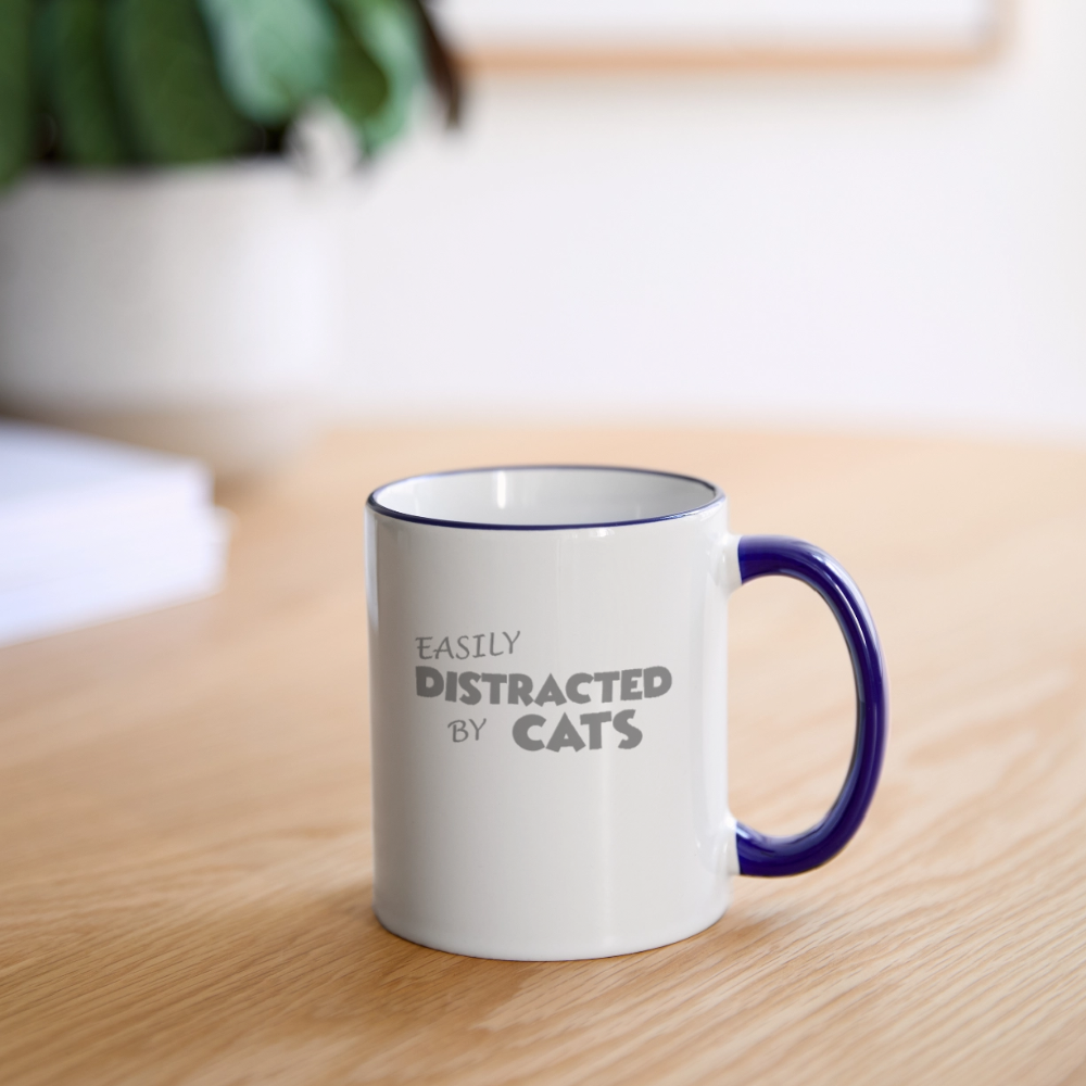 Easily Distracted By Cats Mug, Cat Lover Mug, Cat Owner Mug, Funny Cat Mug, Cat Saying Mug, Cat Slogan Mug, Cat Coffee Mug - white/cobalt blue