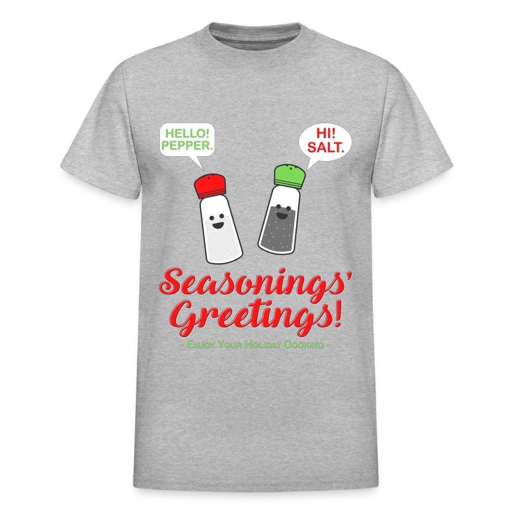 Seasonings Greetings Shirt, Salt Pepper Shaker Shirt, Funny Happy New Year Christmas Holiday Shirt, Foodie Chef Cook Food Gift Idea T-Shirt - heather gray