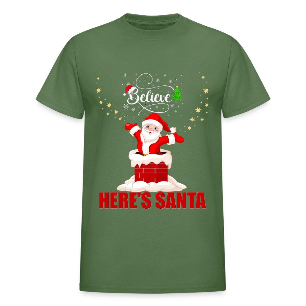 Believe Shirt, Here's Santa Shirt, Christmas Shirt, Holiday Shirt, Merry Christmas, Santa Shirt, Gift For Kids, Gift For Children - military green