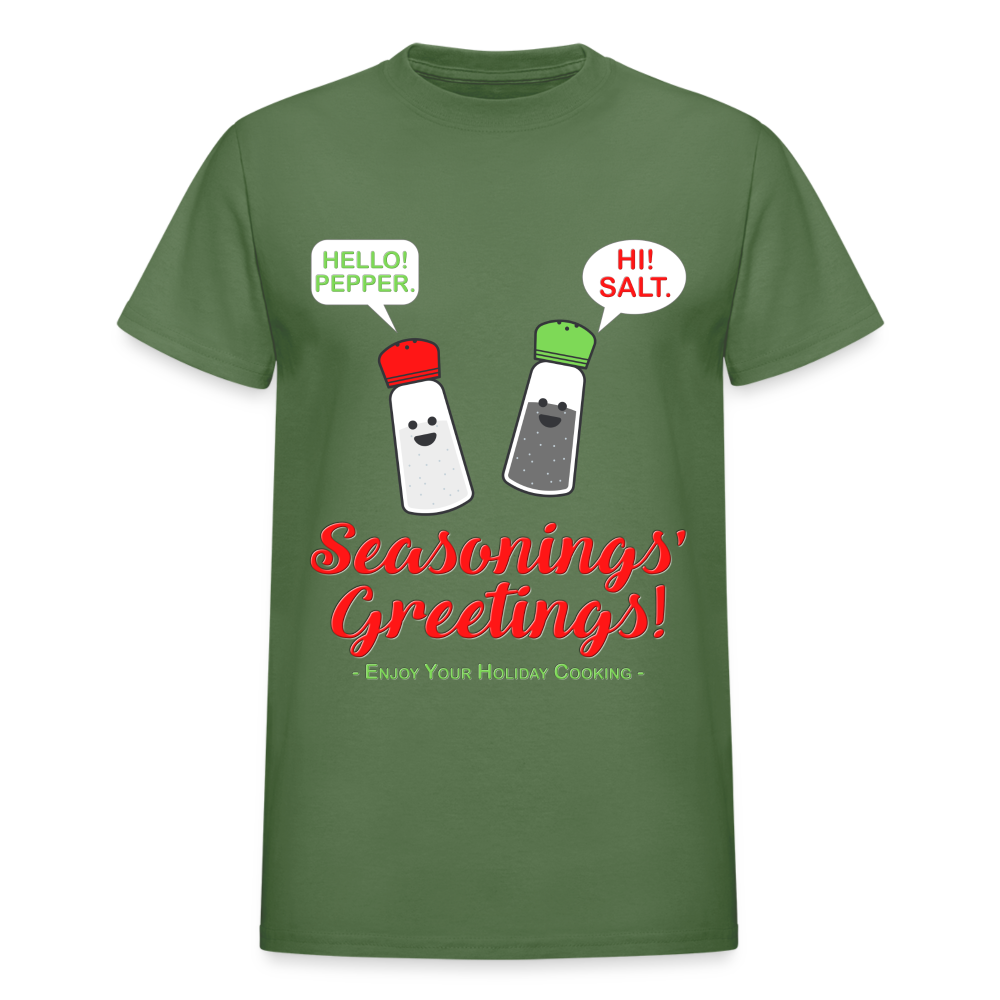 Seasonings Greetings Shirt, Salt Pepper Shaker Shirt, Funny Happy New Year Christmas Holiday Shirt, Foodie Chef Cook Food Gift Idea T-Shirt - military green