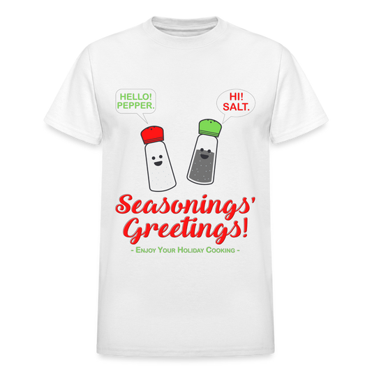 Seasonings Greetings Shirt, Salt Pepper Shaker Shirt, Funny Happy New Year Christmas Holiday Shirt, Foodie Chef Cook Food Gift Idea T-Shirt - white
