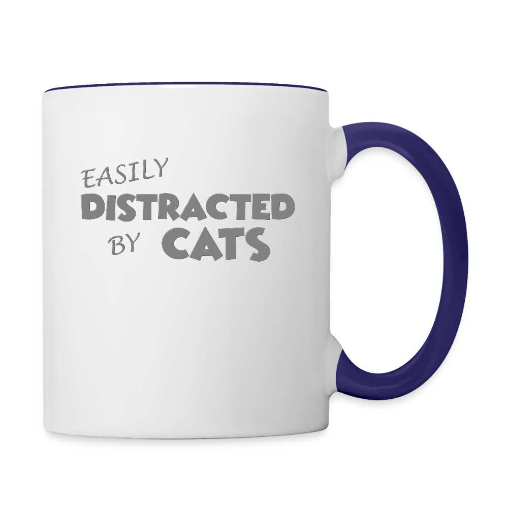 Easily Distracted By Cats Mug, Cat Lover Mug, Cat Owner Mug, Funny Cat Mug, Cat Saying Mug, Cat Slogan Mug, Cat Coffee Mug - white/cobalt blue
