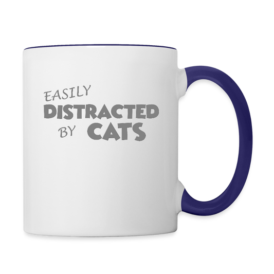 Easily Distracted By Cats Mug, Cat Lover Mug, Cat Owner Mug, Funny Cat Mug, Cat Saying Mug, Cat Slogan Mug, Cat Coffee Mug - white/cobalt blue