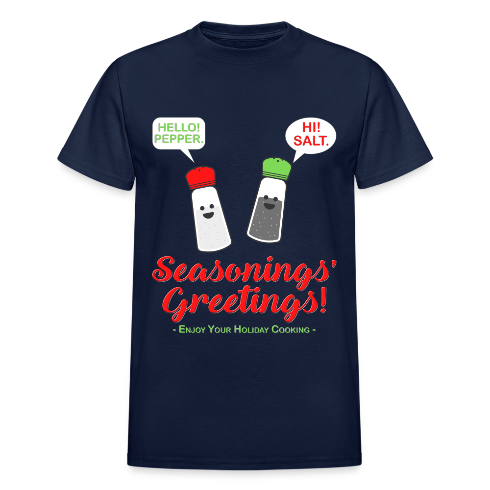 Seasonings Greetings Shirt, Salt Pepper Shaker Shirt, Funny Happy New Year Christmas Holiday Shirt, Foodie Chef Cook Food Gift Idea T-Shirt - navy
