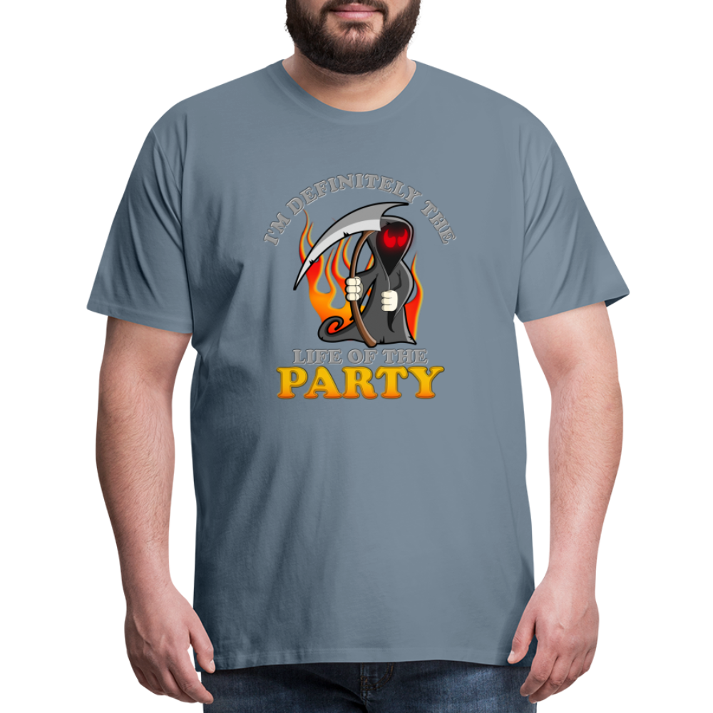 I'm Definitely The Life Of The Party, Grim Reaper, Death, Happy Halloween, Monster, Trick Or Treat, Spooky, Scary, Skull, Wolf, Werewolf, Orange, Bat, Red, Mountain, Men's Premium T-Shirt - steel blue