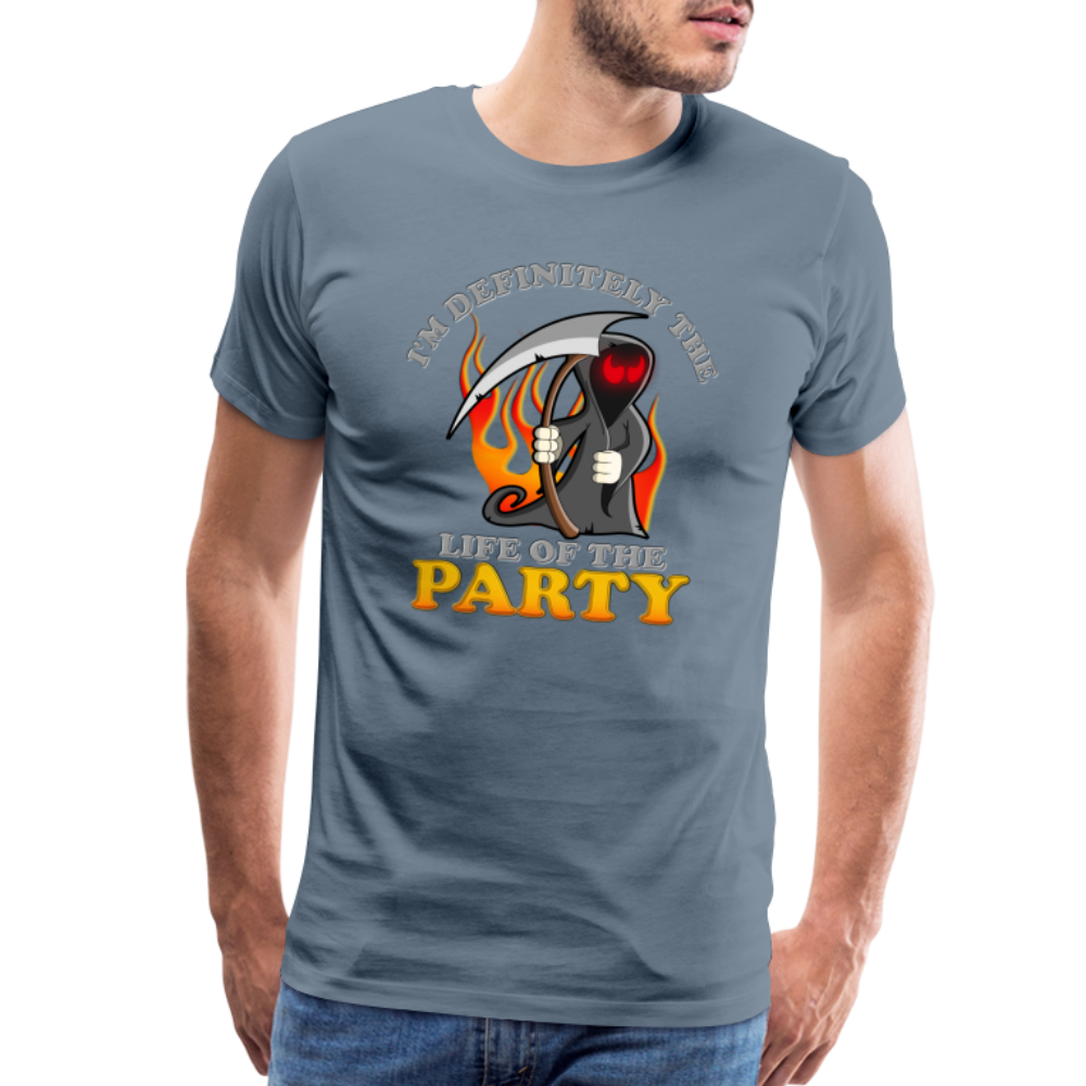 I'm Definitely The Life Of The Party, Grim Reaper, Death, Happy Halloween, Monster, Trick Or Treat, Spooky, Scary, Skull, Wolf, Werewolf, Orange, Bat, Red, Mountain, Men's Premium T-Shirt - steel blue