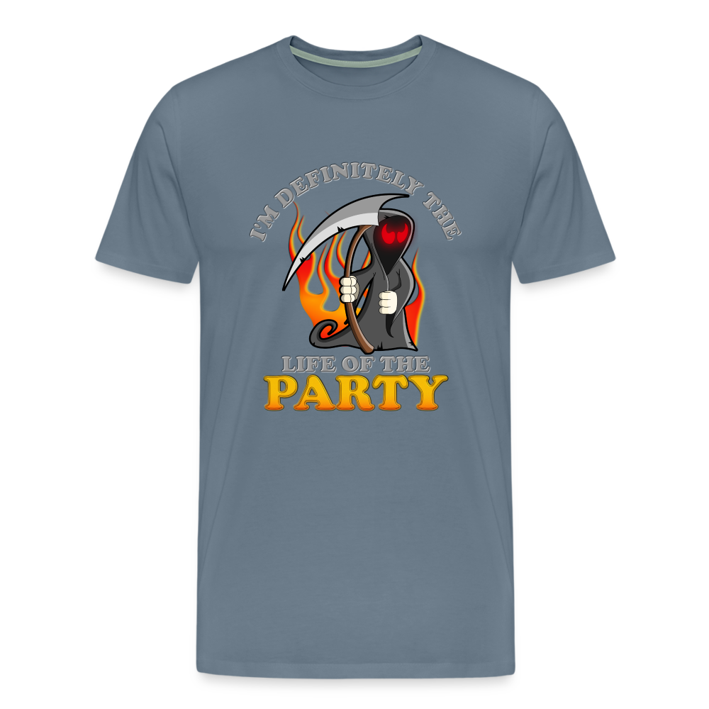 I'm Definitely The Life Of The Party, Grim Reaper, Death, Happy Halloween, Monster, Trick Or Treat, Spooky, Scary, Skull, Wolf, Werewolf, Orange, Bat, Red, Mountain, Men's Premium T-Shirt - steel blue