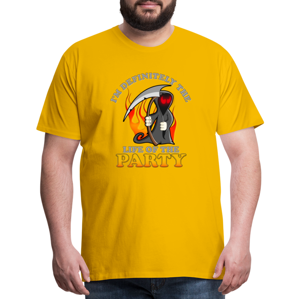 I'm Definitely The Life Of The Party, Grim Reaper, Death, Happy Halloween, Monster, Trick Or Treat, Spooky, Scary, Skull, Wolf, Werewolf, Orange, Bat, Red, Mountain, Men's Premium T-Shirt - sun yellow