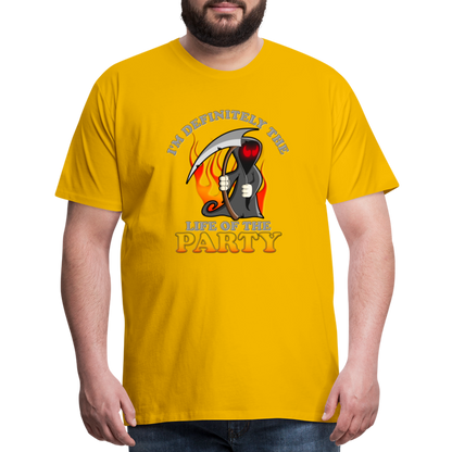 I'm Definitely The Life Of The Party, Grim Reaper, Death, Happy Halloween, Monster, Trick Or Treat, Spooky, Scary, Skull, Wolf, Werewolf, Orange, Bat, Red, Mountain, Men's Premium T-Shirt - sun yellow