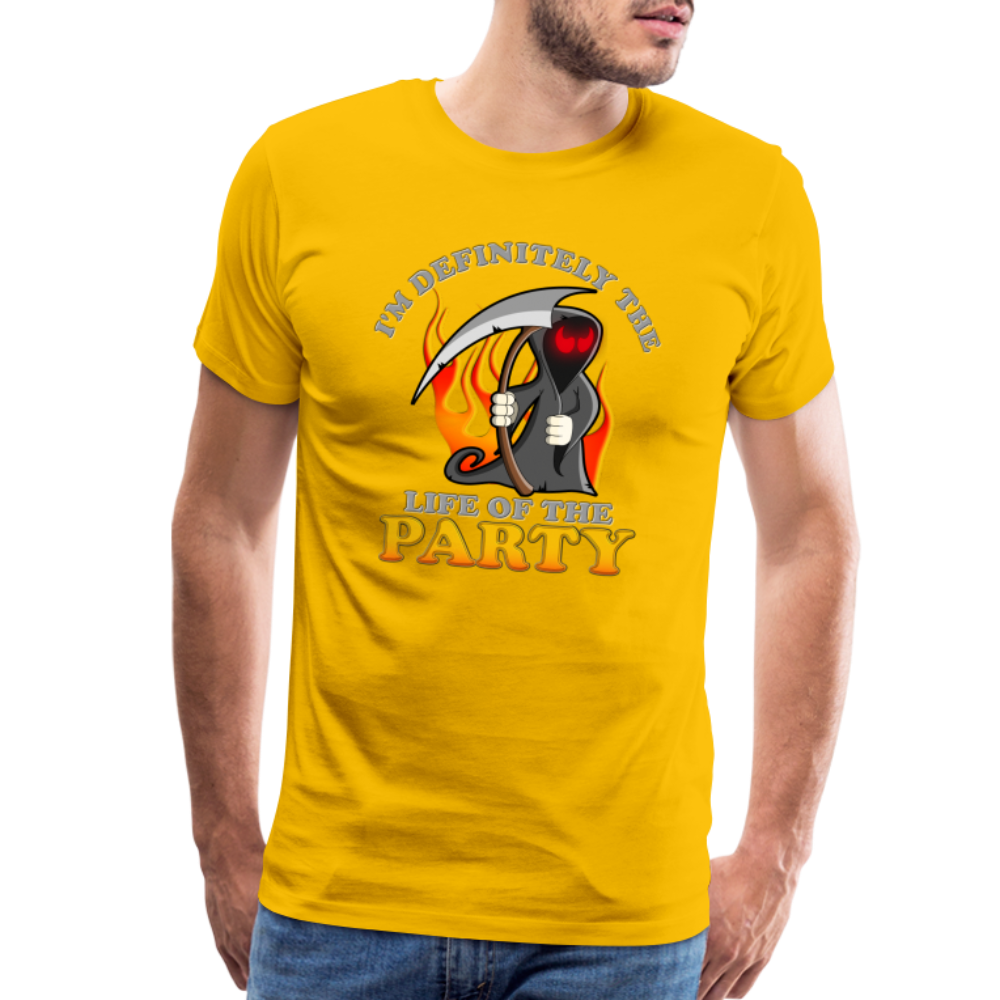 I'm Definitely The Life Of The Party, Grim Reaper, Death, Happy Halloween, Monster, Trick Or Treat, Spooky, Scary, Skull, Wolf, Werewolf, Orange, Bat, Red, Mountain, Men's Premium T-Shirt - sun yellow