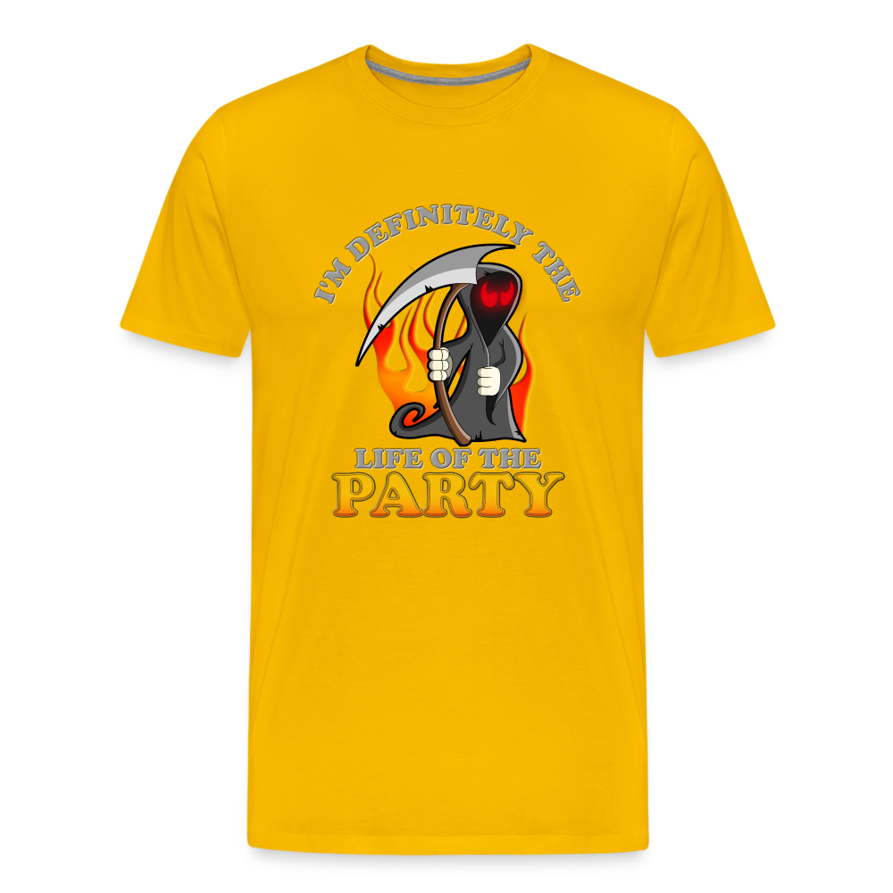 I'm Definitely The Life Of The Party, Grim Reaper, Death, Happy Halloween, Monster, Trick Or Treat, Spooky, Scary, Skull, Wolf, Werewolf, Orange, Bat, Red, Mountain, Men's Premium T-Shirt - sun yellow