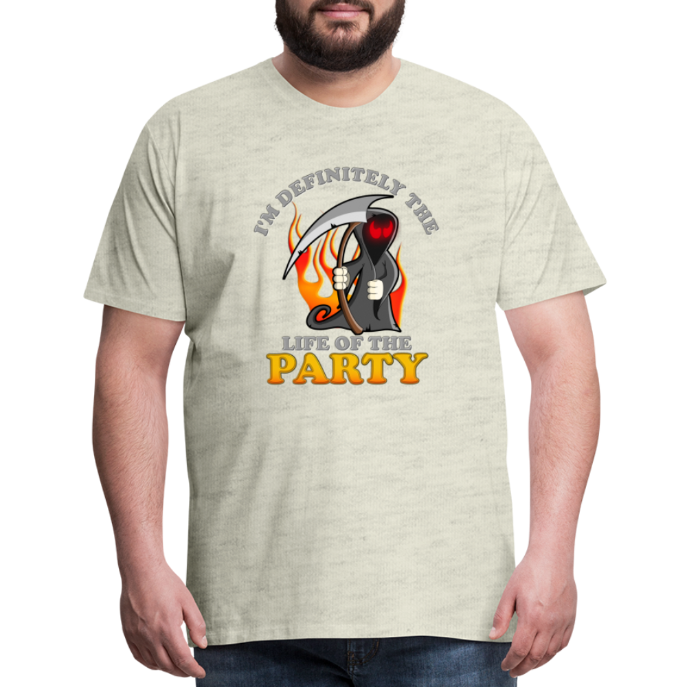 I'm Definitely The Life Of The Party, Grim Reaper, Death, Happy Halloween, Monster, Trick Or Treat, Spooky, Scary, Skull, Wolf, Werewolf, Orange, Bat, Red, Mountain, Men's Premium T-Shirt - heather oatmeal
