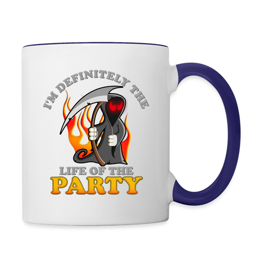 I'm Definitely The Life Of The Party, Grim Reaper, Death, Happy Halloween, Monster, Trick Or Treat, Spooky, Scary, Skull, Wolf, Werewolf, Orange, Bat, Red, Mountain, Contrast Coffee Mug - white/cobalt blue