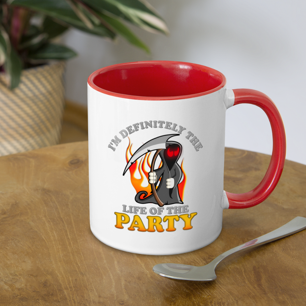 I'm Definitely The Life Of The Party, Grim Reaper, Death, Happy Halloween, Monster, Trick Or Treat, Spooky, Scary, Skull, Wolf, Werewolf, Orange, Bat, Red, Mountain, Contrast Coffee Mug - white/red
