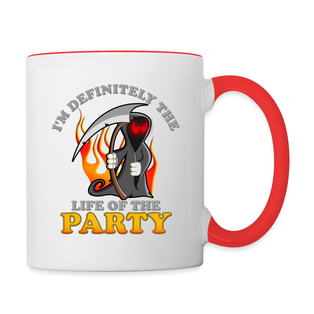 I'm Definitely The Life Of The Party, Grim Reaper, Death, Happy Halloween, Monster, Trick Or Treat, Spooky, Scary, Skull, Wolf, Werewolf, Orange, Bat, Red, Mountain, Contrast Coffee Mug - white/red