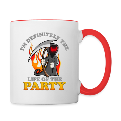I'm Definitely The Life Of The Party, Grim Reaper, Death, Happy Halloween, Monster, Trick Or Treat, Spooky, Scary, Skull, Wolf, Werewolf, Orange, Bat, Red, Mountain, Contrast Coffee Mug - white/red