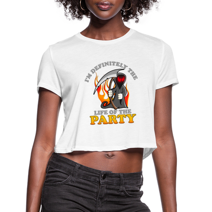 I'm Definitely The Life Of The Party, Grim Reaper, Death, Happy Halloween, Monster, Trick Or Treat, Spooky, Scary, Skull, Wolf, Werewolf, Orange, Bat, Red, Mountain, Women's Cropped T-Shirt - white