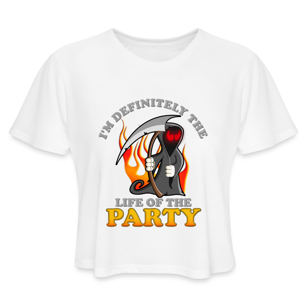 I'm Definitely The Life Of The Party, Grim Reaper, Death, Happy Halloween, Monster, Trick Or Treat, Spooky, Scary, Skull, Wolf, Werewolf, Orange, Bat, Red, Mountain, Women's Cropped T-Shirt - white