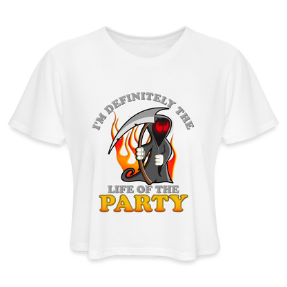 I'm Definitely The Life Of The Party, Grim Reaper, Death, Happy Halloween, Monster, Trick Or Treat, Spooky, Scary, Skull, Wolf, Werewolf, Orange, Bat, Red, Mountain, Women's Cropped T-Shirt - white
