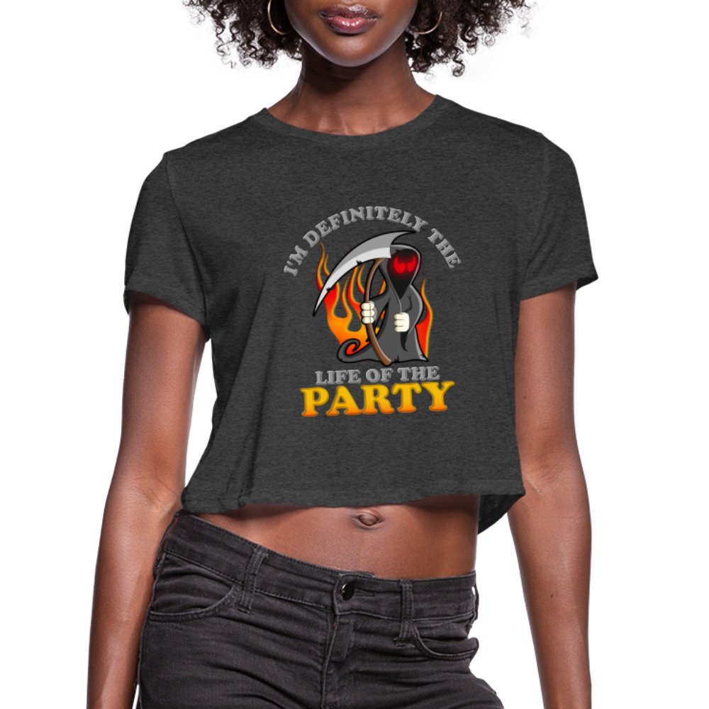 I'm Definitely The Life Of The Party, Grim Reaper, Death, Happy Halloween, Monster, Trick Or Treat, Spooky, Scary, Skull, Wolf, Werewolf, Orange, Bat, Red, Mountain, Women's Cropped T-Shirt - deep heather