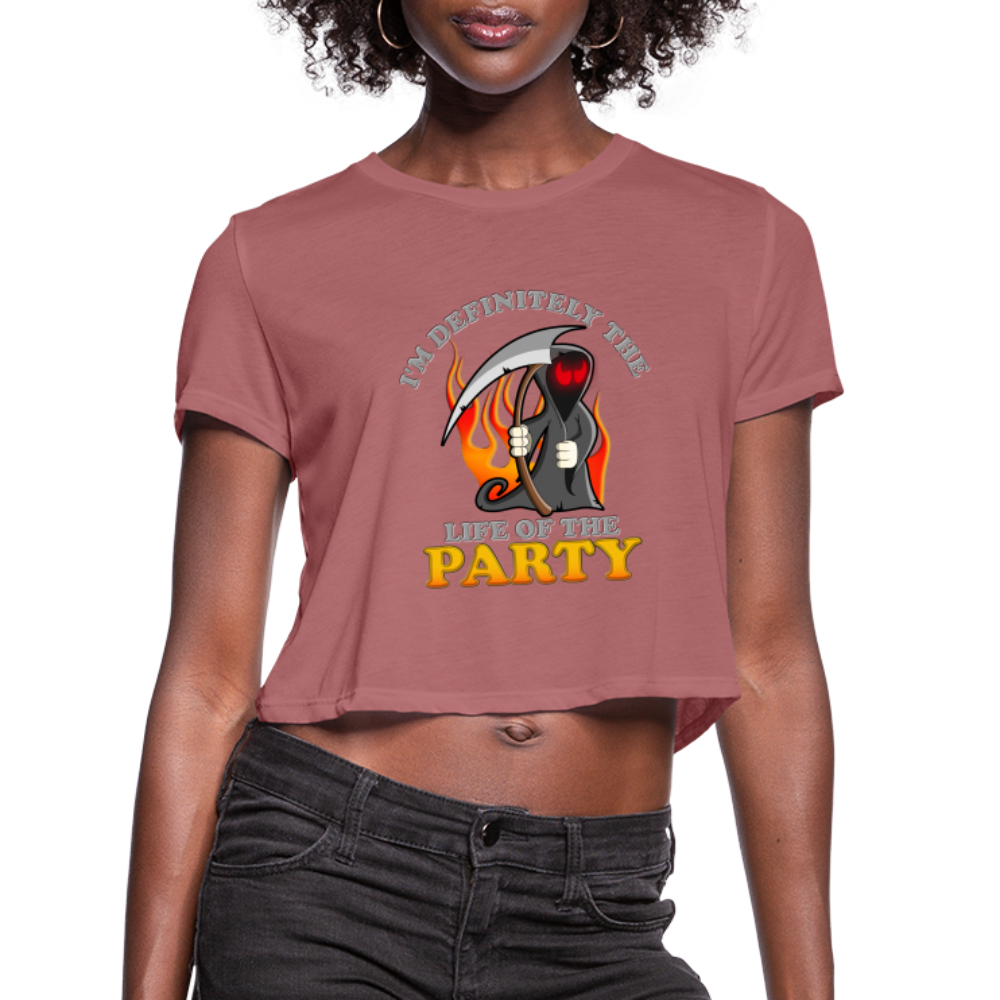 I'm Definitely The Life Of The Party, Grim Reaper, Death, Happy Halloween, Monster, Trick Or Treat, Spooky, Scary, Skull, Wolf, Werewolf, Orange, Bat, Red, Mountain, Women's Cropped T-Shirt - mauve