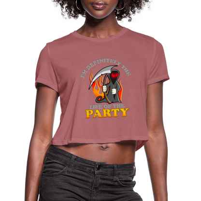 I'm Definitely The Life Of The Party, Grim Reaper, Death, Happy Halloween, Monster, Trick Or Treat, Spooky, Scary, Skull, Wolf, Werewolf, Orange, Bat, Red, Mountain, Women's Cropped T-Shirt - mauve