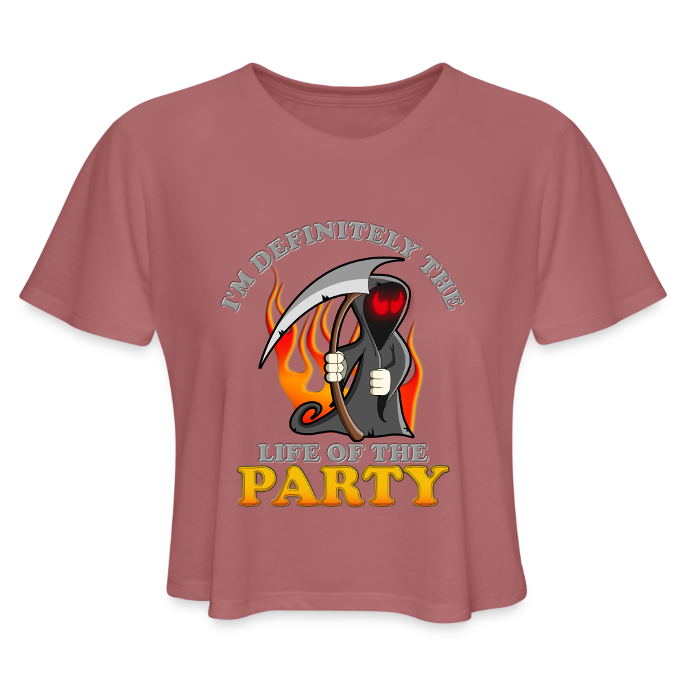 I'm Definitely The Life Of The Party, Grim Reaper, Death, Happy Halloween, Monster, Trick Or Treat, Spooky, Scary, Skull, Wolf, Werewolf, Orange, Bat, Red, Mountain, Women's Cropped T-Shirt - mauve