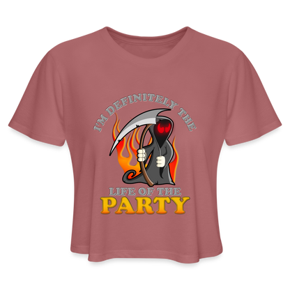 I'm Definitely The Life Of The Party, Grim Reaper, Death, Happy Halloween, Monster, Trick Or Treat, Spooky, Scary, Skull, Wolf, Werewolf, Orange, Bat, Red, Mountain, Women's Cropped T-Shirt - mauve