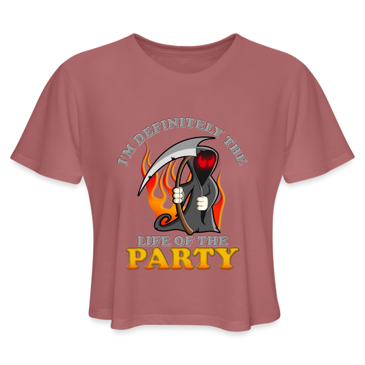 I'm Definitely The Life Of The Party, Grim Reaper, Death, Happy Halloween, Monster, Trick Or Treat, Spooky, Scary, Skull, Wolf, Werewolf, Orange, Bat, Red, Mountain, Women's Cropped T-Shirt - mauve