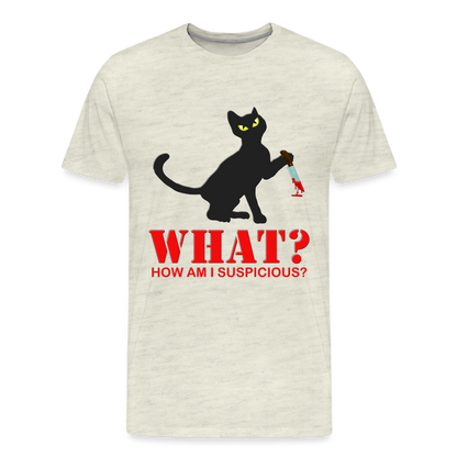 Halloween Cat Shirt, Cat What Funny Black Cat Shirt, Murderous Cat With Knife T-Shirt, Knife Murderous Cat Tee Shirt, Funny Cat Lover Shirt, Men's Premium T-Shirt - heather oatmeal