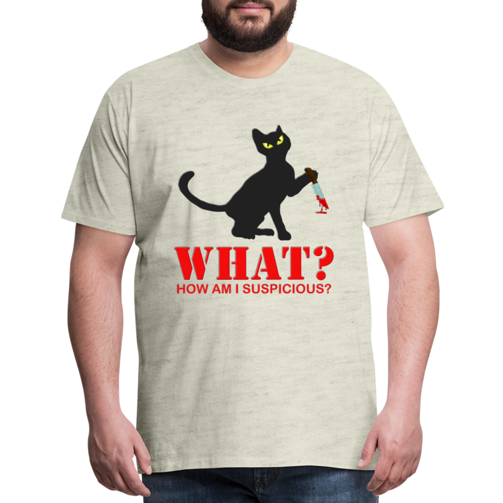 Halloween Cat Shirt, Cat What Funny Black Cat Shirt, Murderous Cat With Knife T-Shirt, Knife Murderous Cat Tee Shirt, Funny Cat Lover Shirt, Men's Premium T-Shirt - heather oatmeal