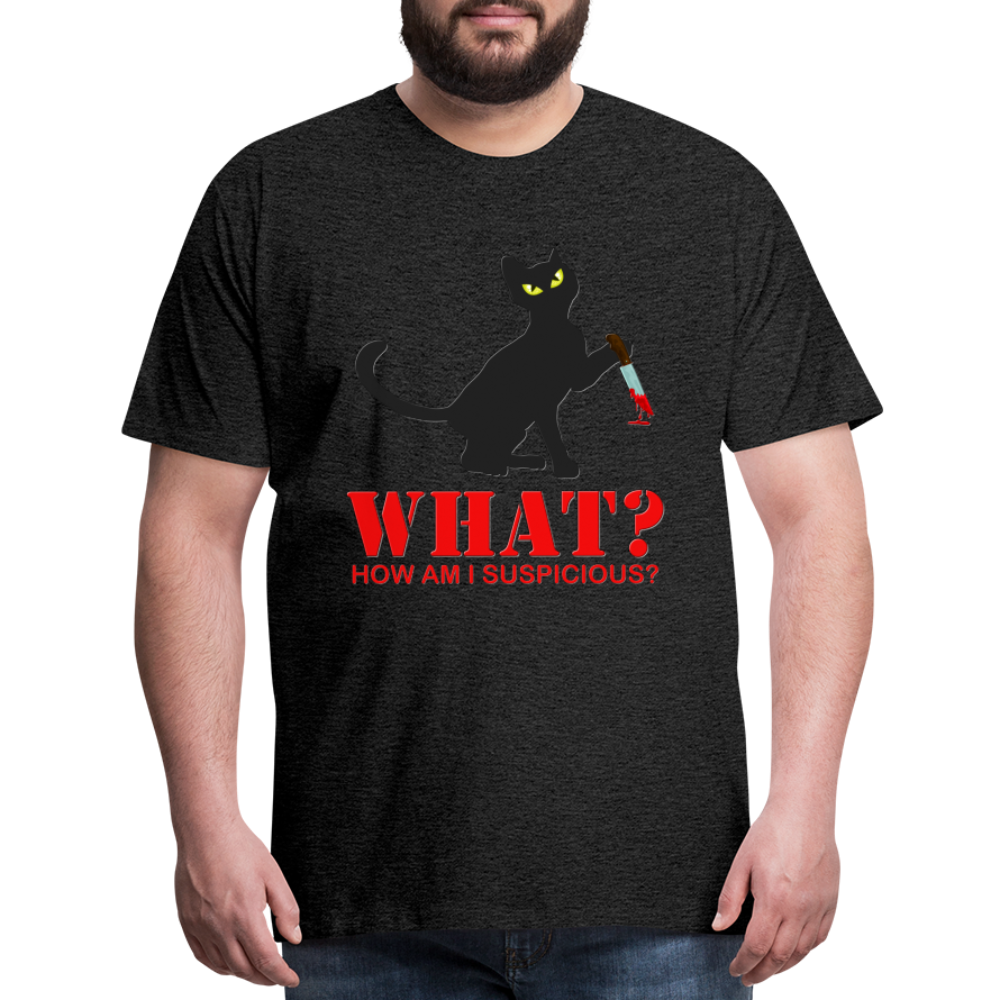Halloween Cat Shirt, Cat What Funny Black Cat Shirt, Murderous Cat With Knife T-Shirt, Knife Murderous Cat Tee Shirt, Funny Cat Lover Shirt, Men's Premium T-Shirt - charcoal grey