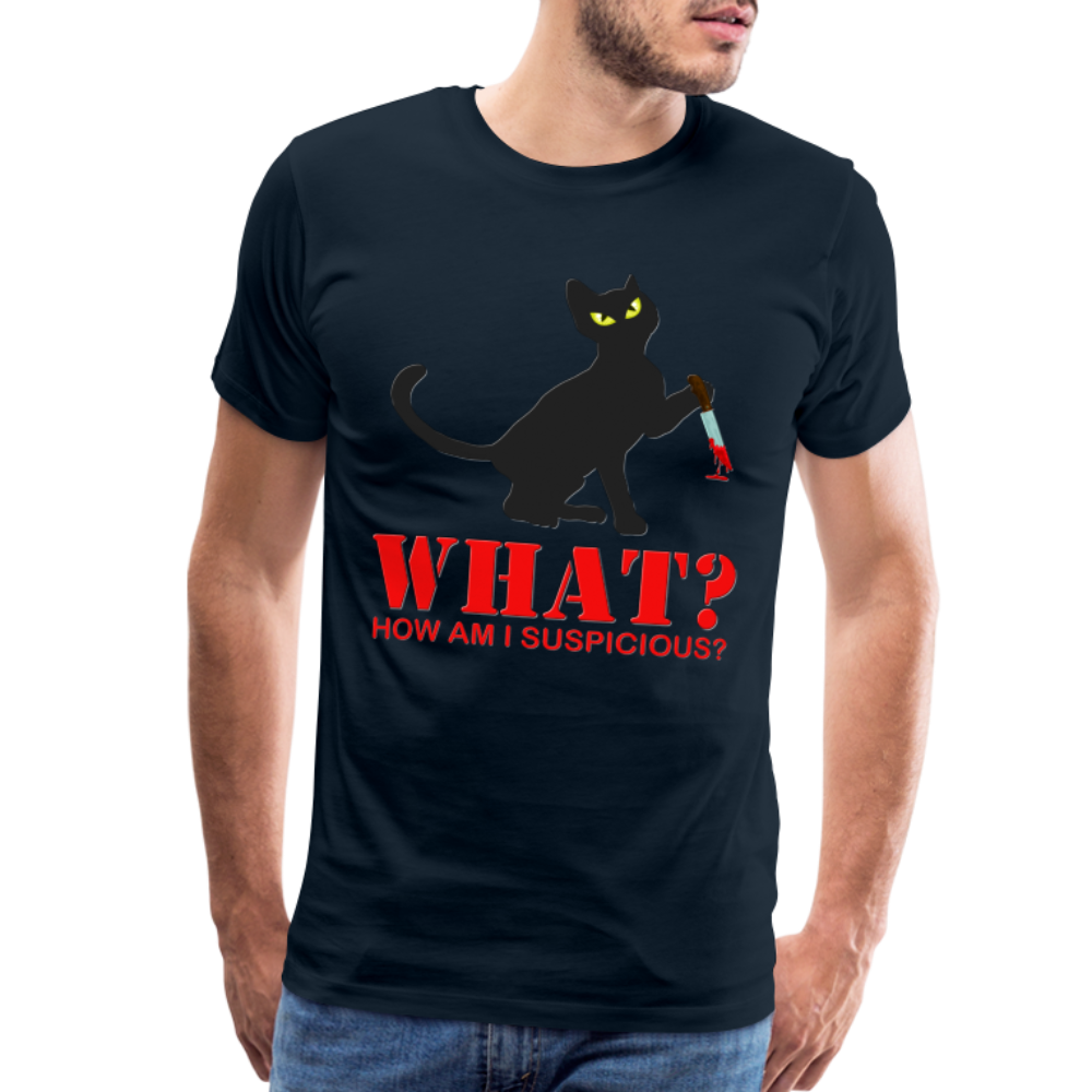 Halloween Cat Shirt, Cat What Funny Black Cat Shirt, Murderous Cat With Knife T-Shirt, Knife Murderous Cat Tee Shirt, Funny Cat Lover Shirt, Men's Premium T-Shirt - deep navy