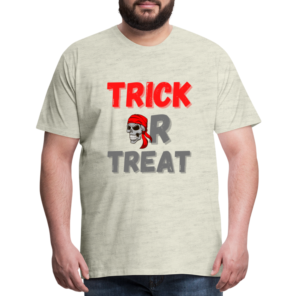 Trick or treat, halloween, horror, cute, october, pumpkin, scary, spooky, funny, cat, creepy, fall, ghost, halloween party, witch, autumn, candy, kawaii, jack o lantern, skeleton, trick or treating, Men's Premium T-Shirt - heather oatmeal
