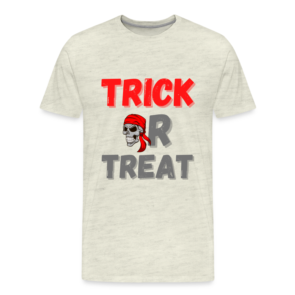 Trick or treat, halloween, horror, cute, october, pumpkin, scary, spooky, funny, cat, creepy, fall, ghost, halloween party, witch, autumn, candy, kawaii, jack o lantern, skeleton, trick or treating, Men's Premium T-Shirt - heather oatmeal