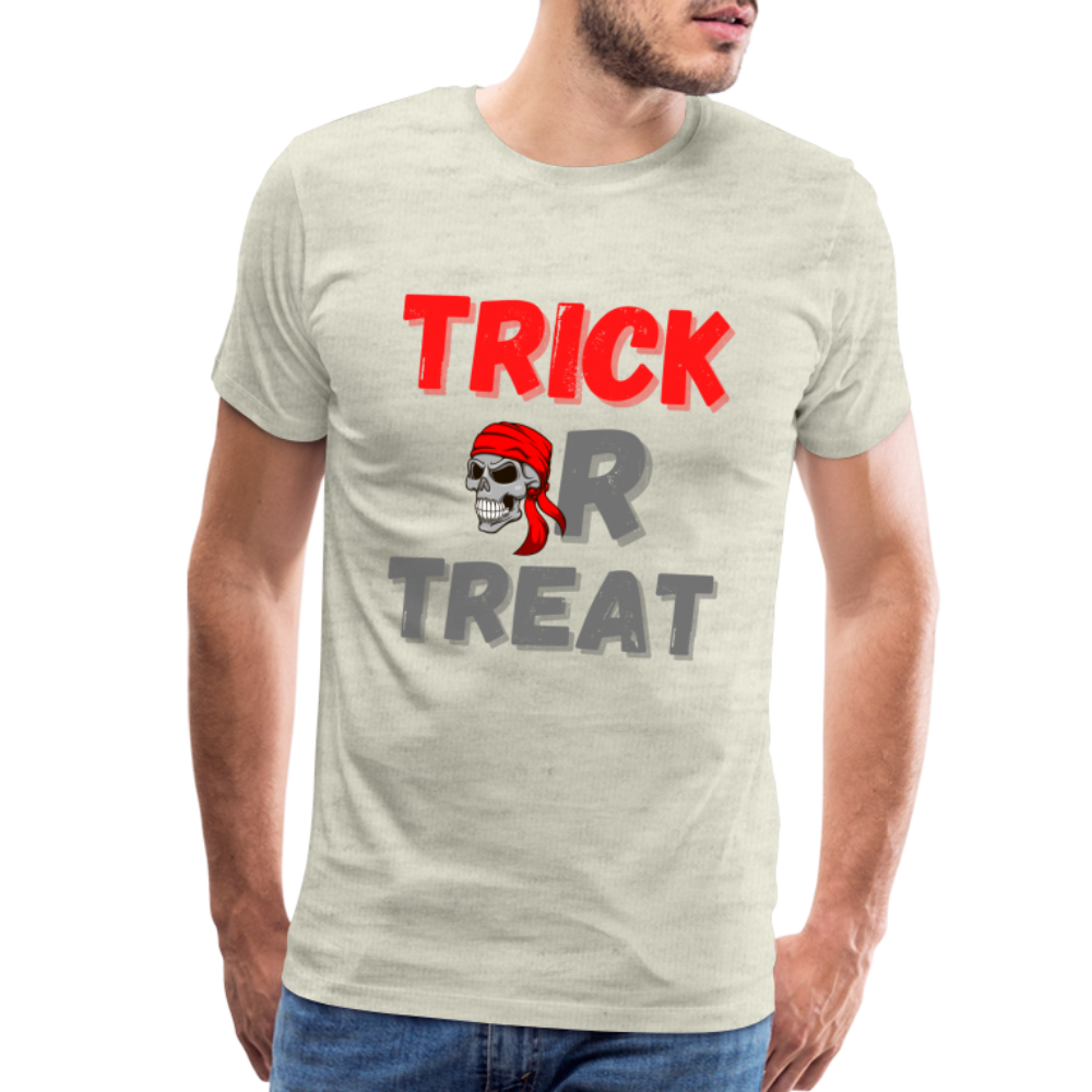 Trick or treat, halloween, horror, cute, october, pumpkin, scary, spooky, funny, cat, creepy, fall, ghost, halloween party, witch, autumn, candy, kawaii, jack o lantern, skeleton, trick or treating, Men's Premium T-Shirt - heather oatmeal