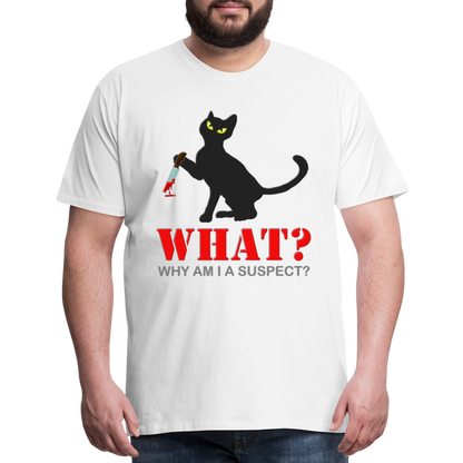 Halloween Cat Shirt, Why Am I A Suspect Shirt, Murderous Cat With Knife T-Shirt, Murderous Cat Shirt, Mens Premium T-Shirt - white
